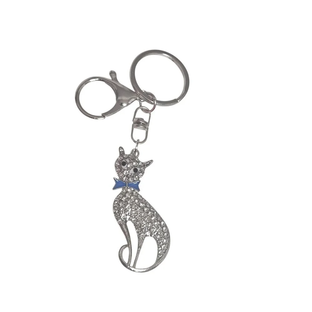 Rhinestone Cat Keychain Purse Charm, Cute Kitty Keyring, Blue Bow‎ Gift, Silver